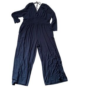 Old Navy NWT XXL Black Smocked Waist Wide Leg V-Neck Long Sleeve Jumpsuit